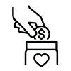 A black and white icon of a hand placing a coin with a dollar sign on it into a jar with a heart on it.