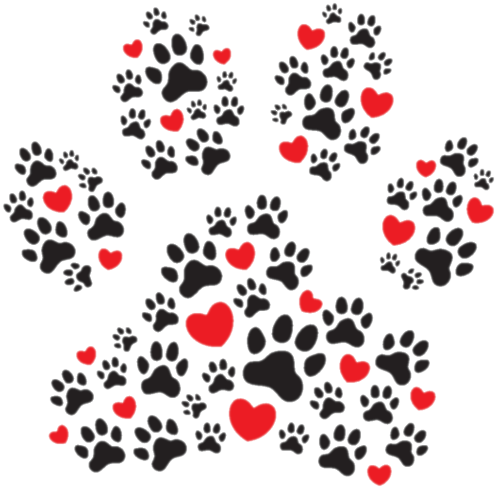 A large graphic of a paw print that consists of smaller black pawprints and red hearts.